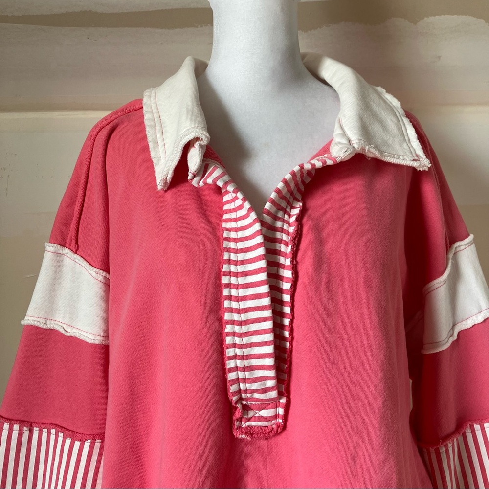 Free People We The Free Clean Prep Pink Long Sleeve Oversized Polo size Small - Picture 4 of 10